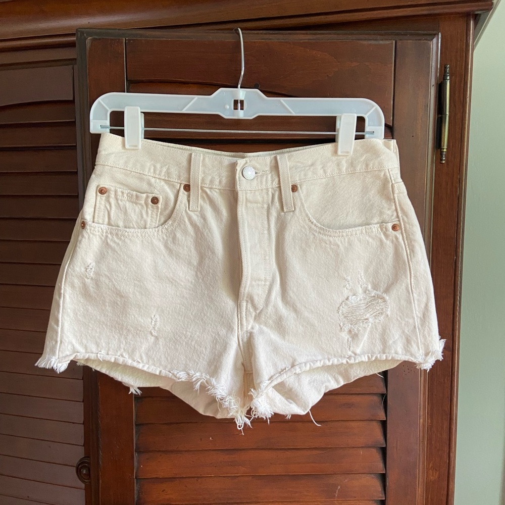 Levi's 501 Cream Distressed Jean Shorts